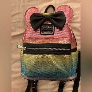 Disney Parks Loungefly Minnie Mouse Sequined Rainbow Ombré Backpack
